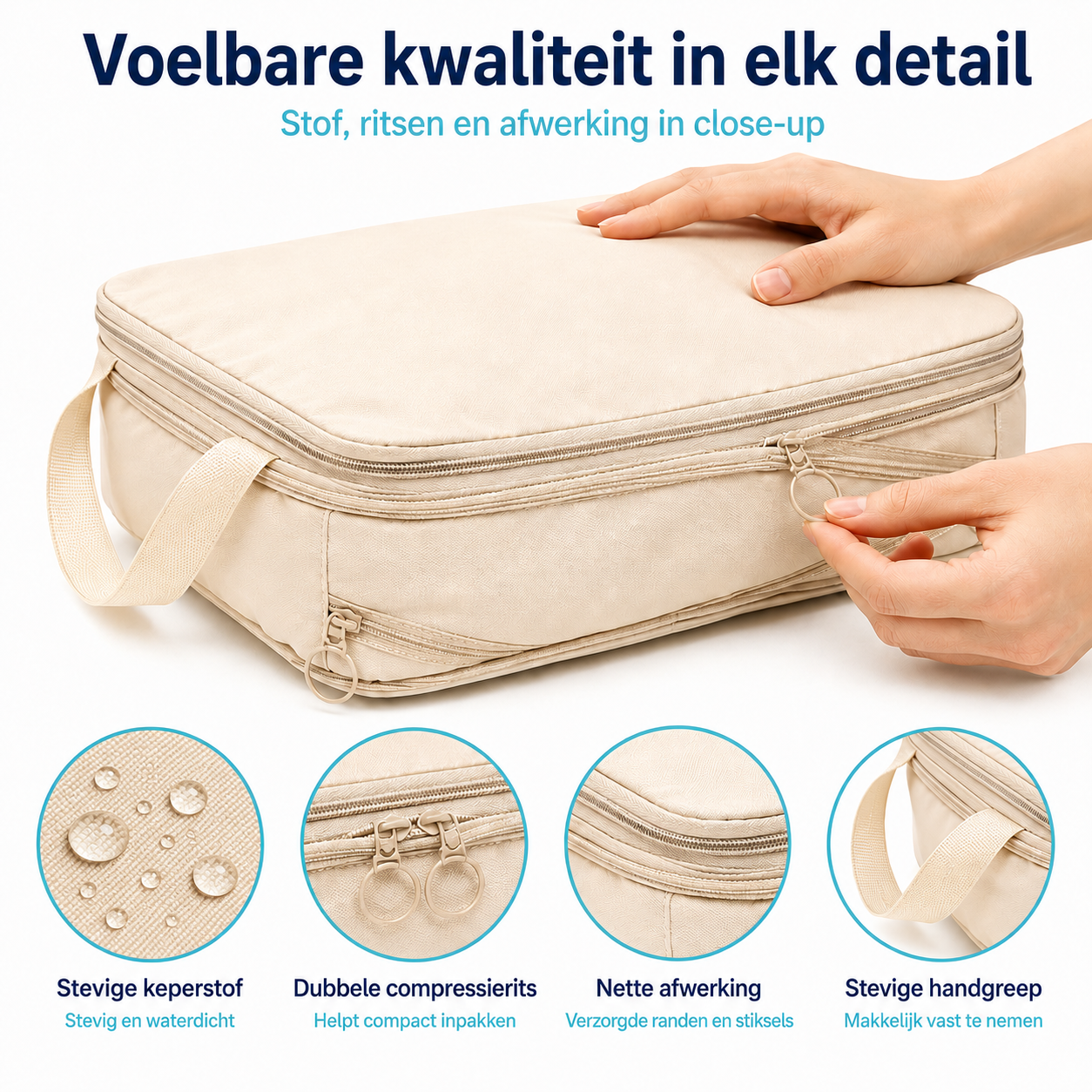 Foto die kwaliteit en textuur van compression packing cubes laat zien.