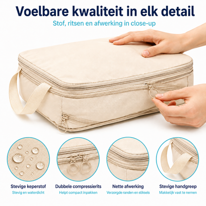 Foto die kwaliteit en textuur van compression packing cubes laat zien.