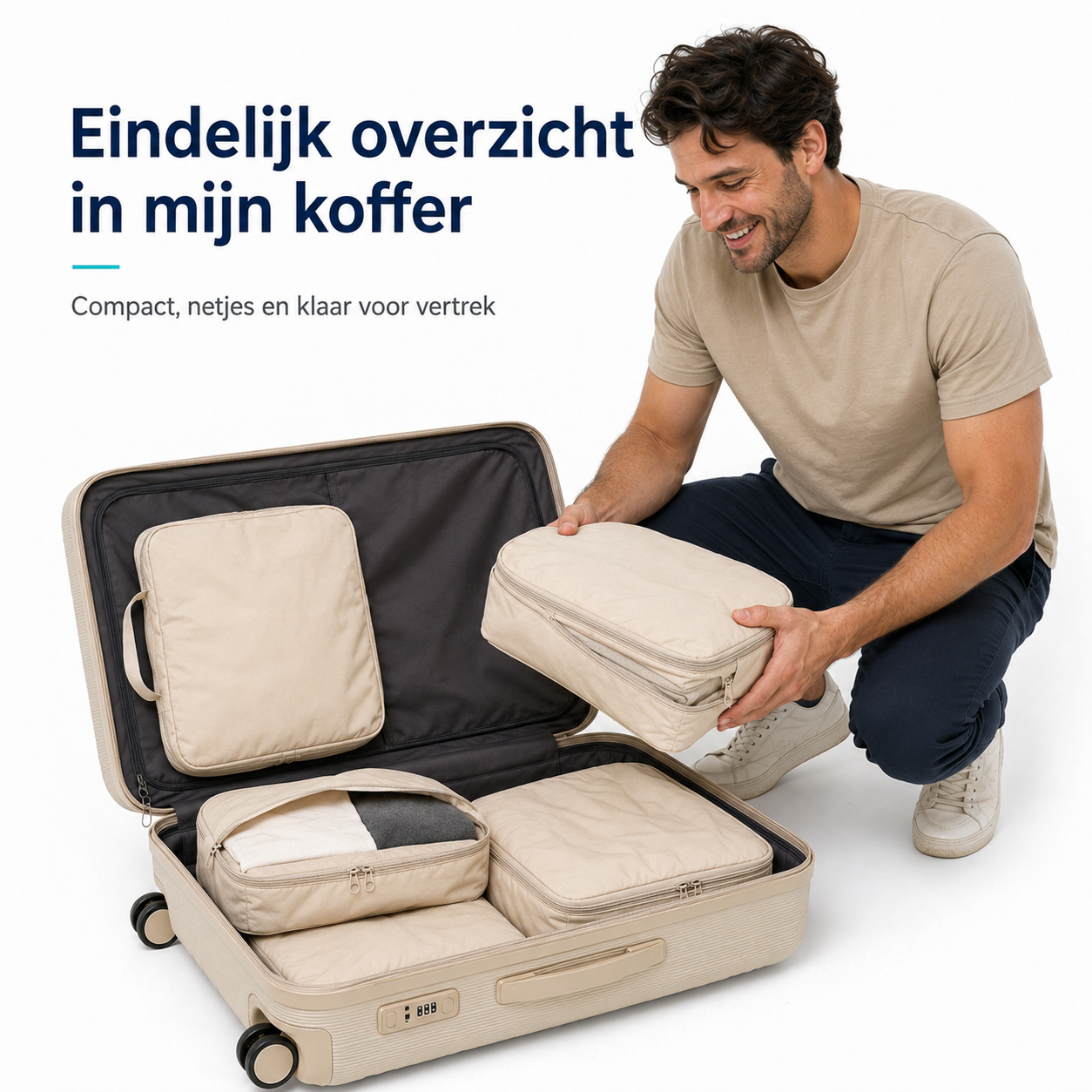 Foto die een tevreden persoon met compression packing cubes toont.
