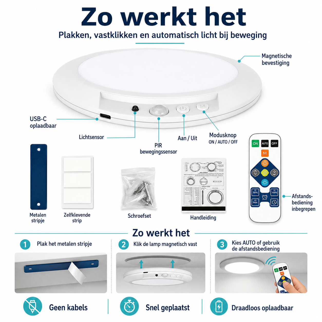 Foto die toont hoe de draadloze plafondlamp moet worden gebruikt.