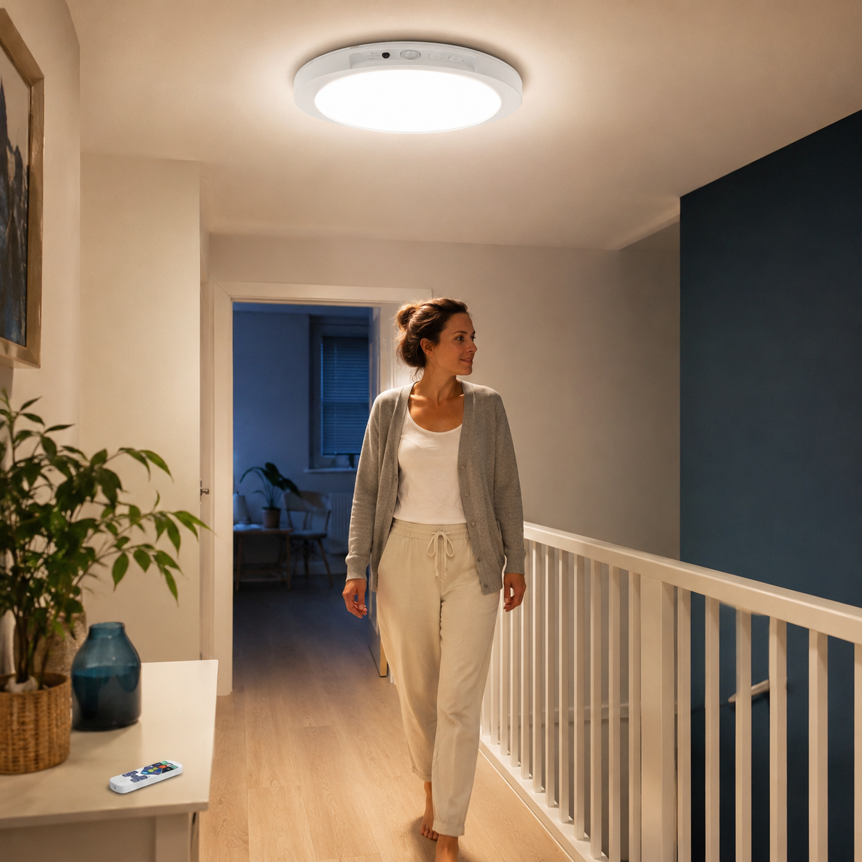 Foto die het dagelijks gebruik van een draadloze plafondlamp toont.