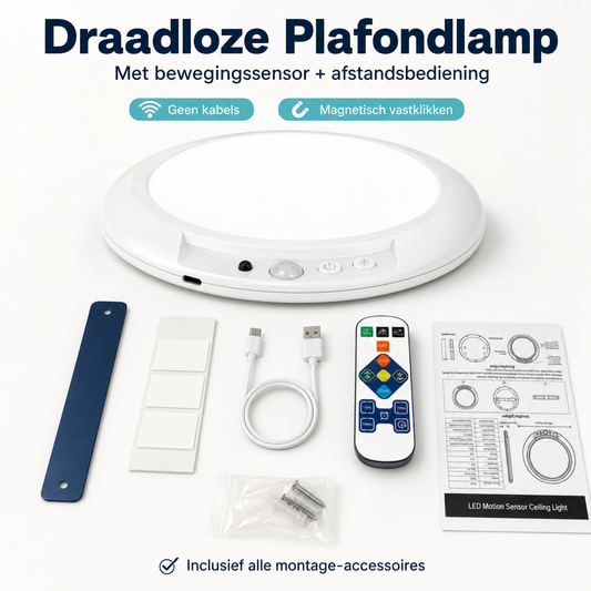 Foto die alle onderdelen van de draadloze plafondlamp set toont.
