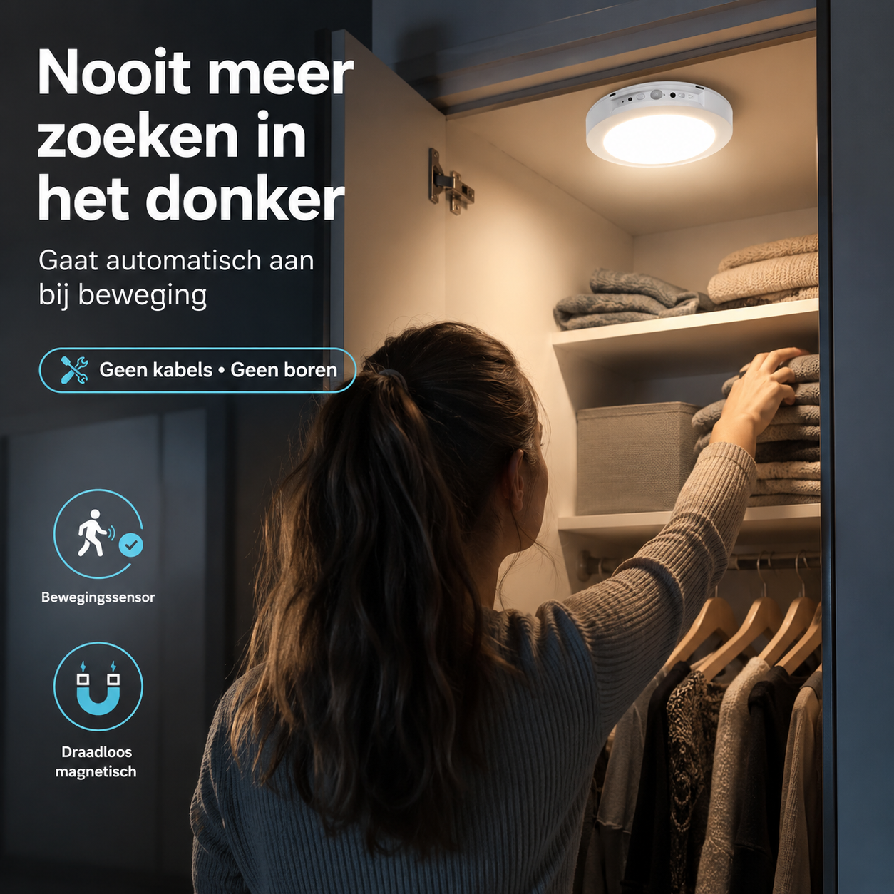Foto die toont hoe een draadloze toepassingsfoto in kleedkast wordt toegepast.